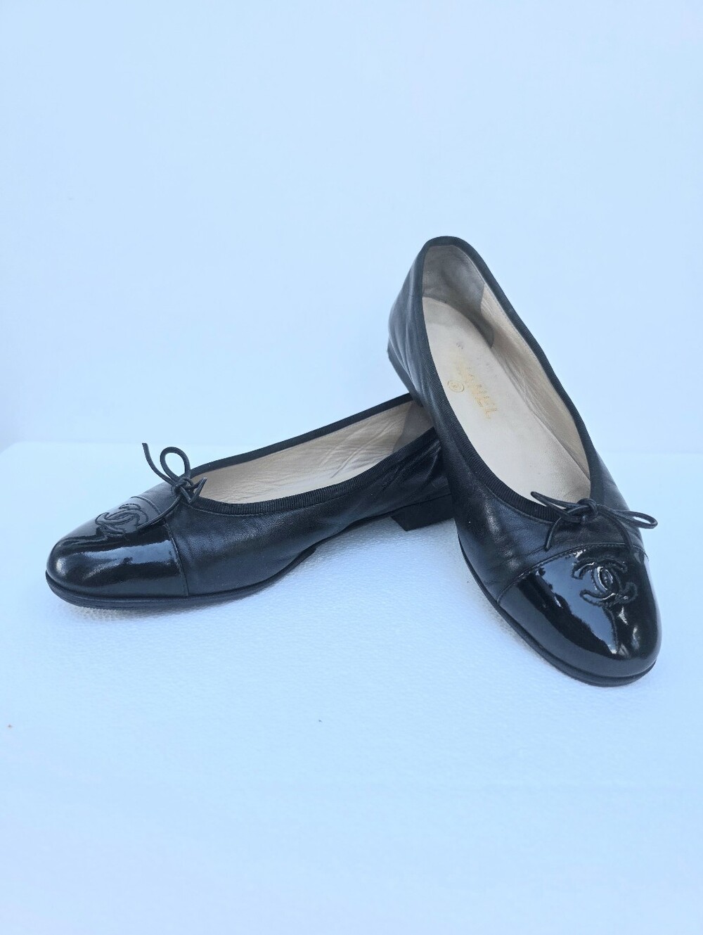 Chanel Black Patent Cap-Toe Ballerina Flats 39 8.5 9